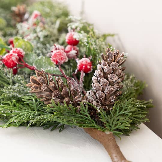 Glitzhome® 6ft. Christmas Greenery Frosted PE Dripping Garland with Pinecones & Red Berries, Set of 2